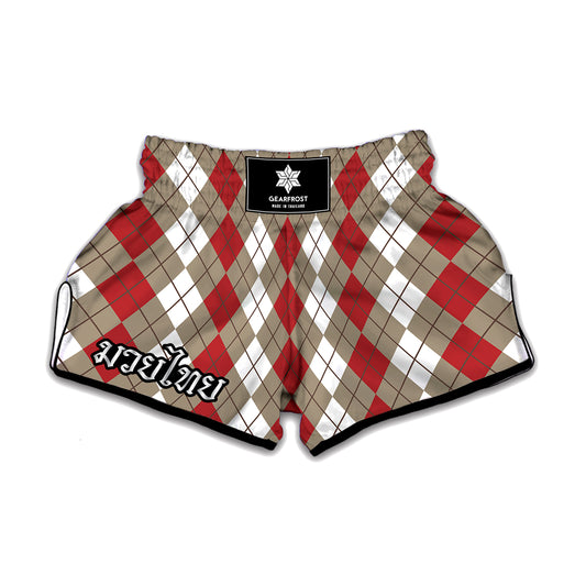 Red Beige And White Argyle Pattern Print Muay Thai Boxing Shorts