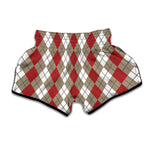 Red Beige And White Argyle Pattern Print Muay Thai Boxing Shorts