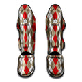 Red Beige And White Argyle Pattern Print Muay Thai Shin Guards