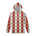 Red Beige And White Argyle Pattern Print Pullover Hoodie