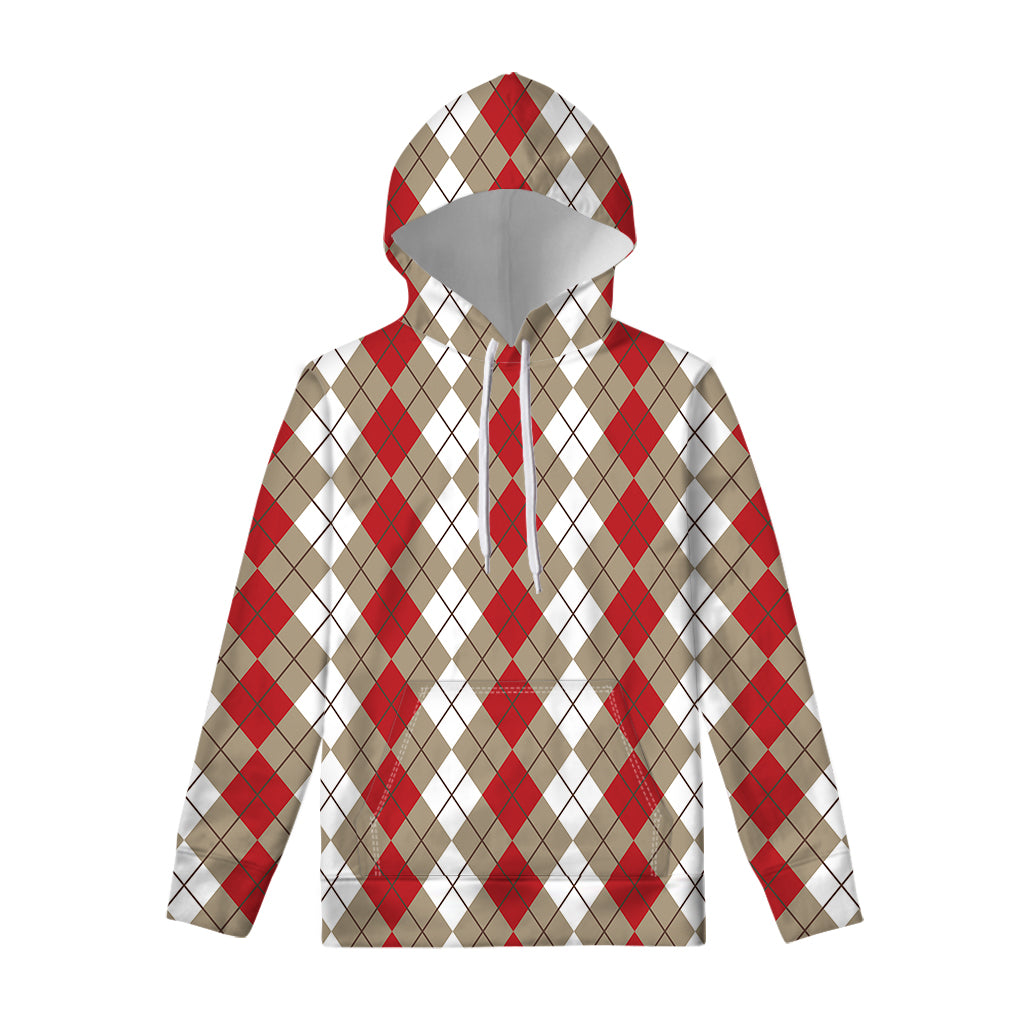Red Beige And White Argyle Pattern Print Pullover Hoodie