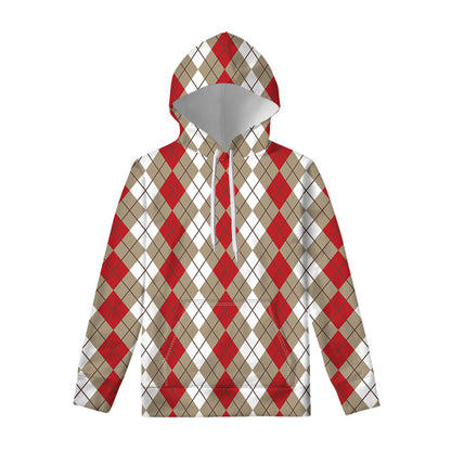 Red Beige And White Argyle Pattern Print Pullover Hoodie