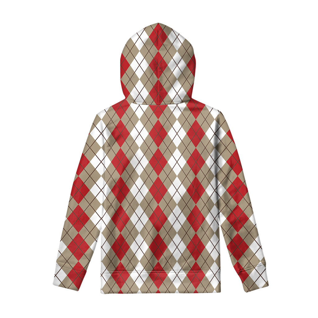 Red Beige And White Argyle Pattern Print Pullover Hoodie
