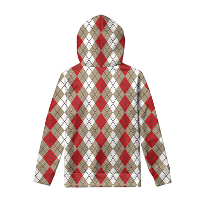 Red Beige And White Argyle Pattern Print Pullover Hoodie