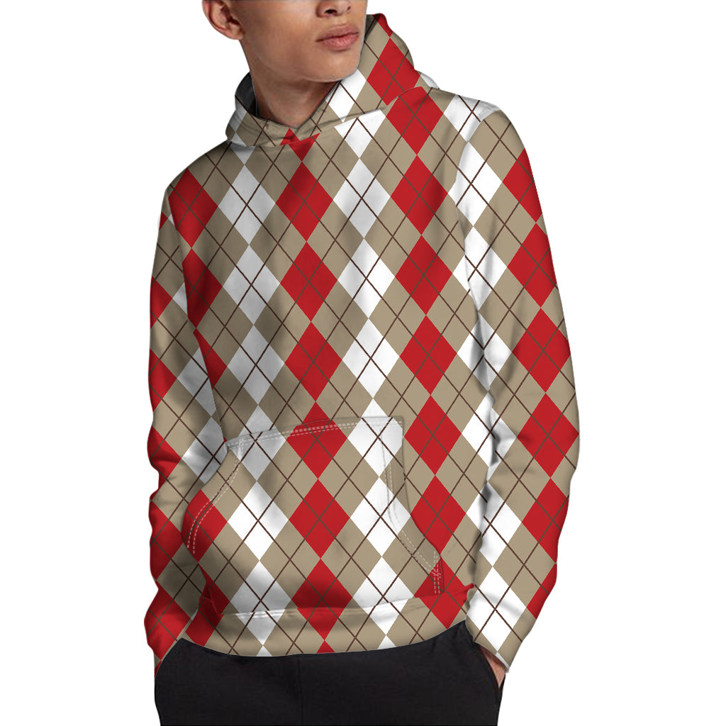 Red Beige And White Argyle Pattern Print Pullover Hoodie