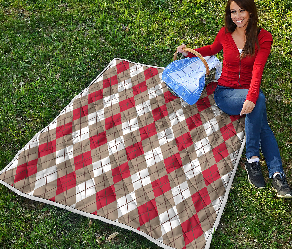 Red Beige And White Argyle Pattern Print Quilt