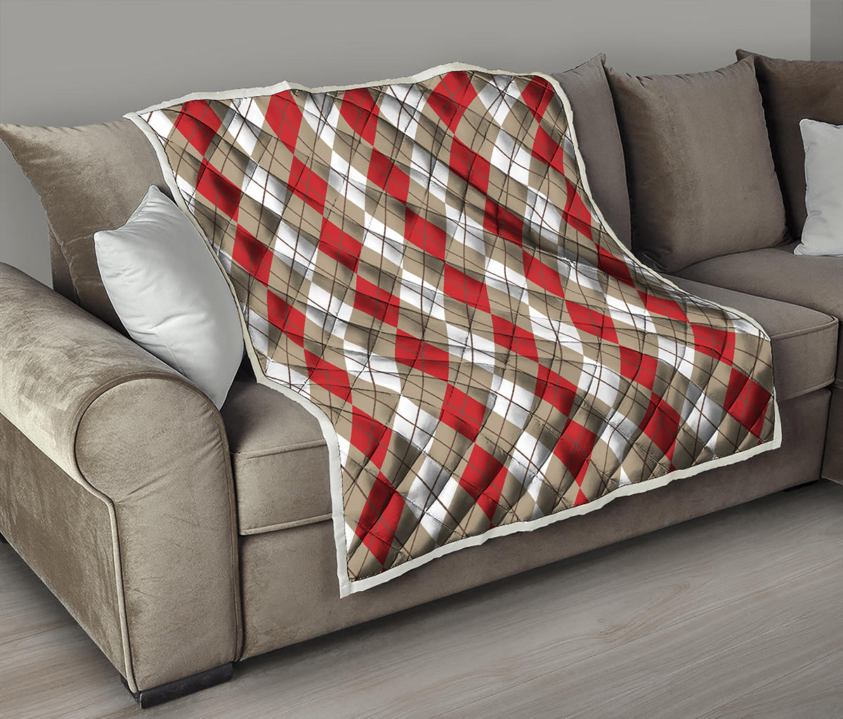 Red Beige And White Argyle Pattern Print Quilt