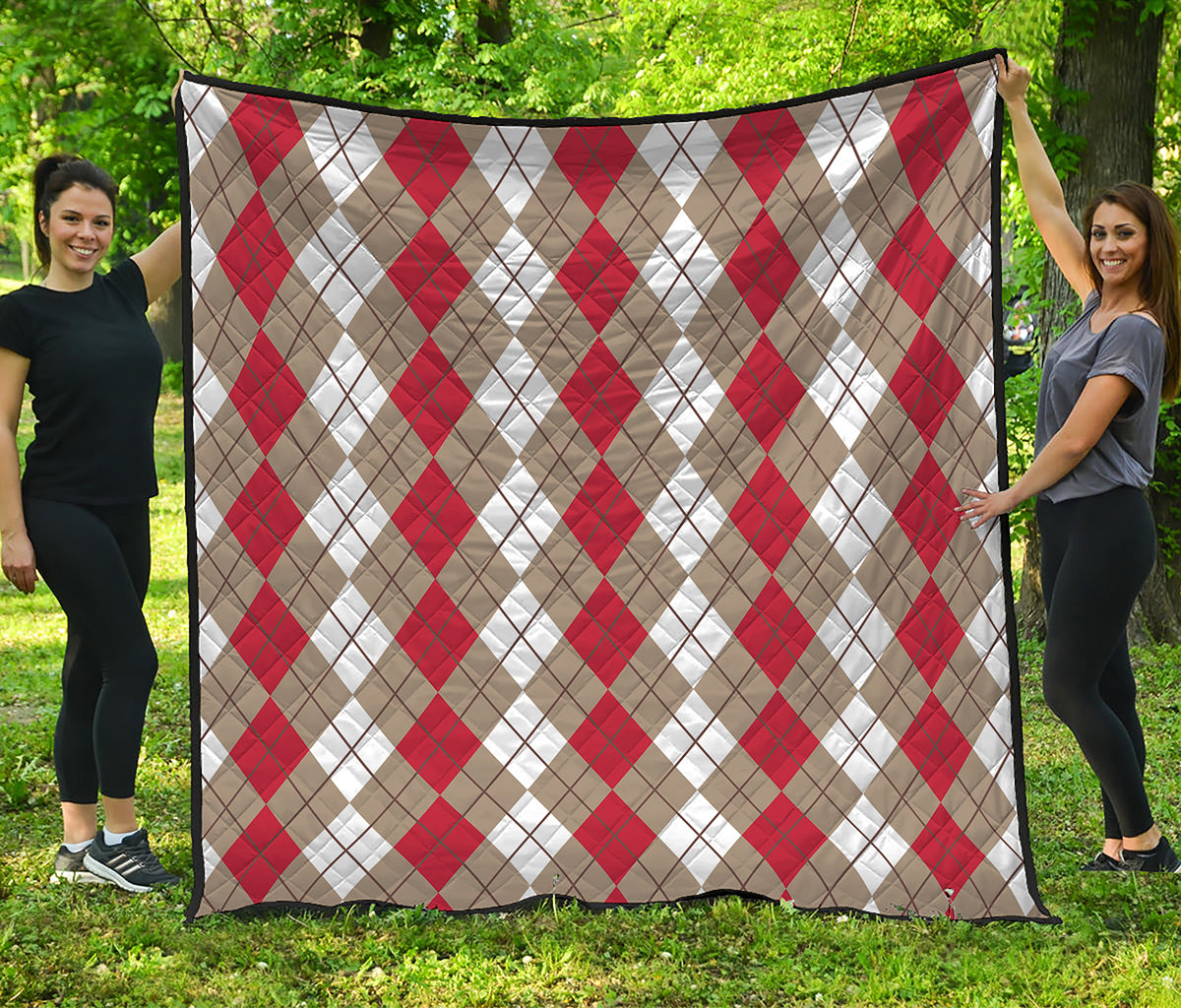 Red Beige And White Argyle Pattern Print Quilt