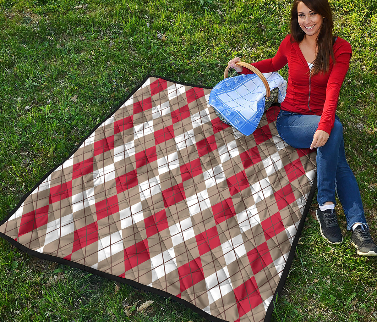 Red Beige And White Argyle Pattern Print Quilt