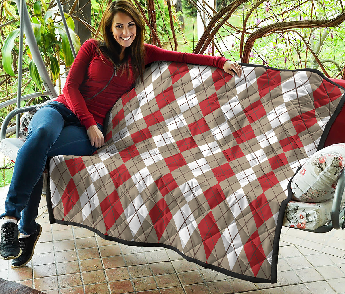 Red Beige And White Argyle Pattern Print Quilt
