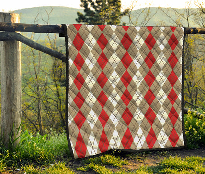 Red Beige And White Argyle Pattern Print Quilt