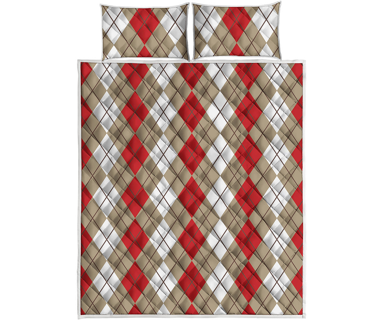 Red Beige And White Argyle Pattern Print Quilt Bed Set