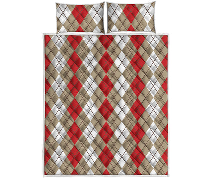 Red Beige And White Argyle Pattern Print Quilt Bed Set