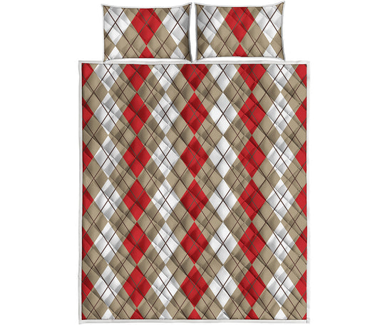 Red Beige And White Argyle Pattern Print Quilt Bed Set