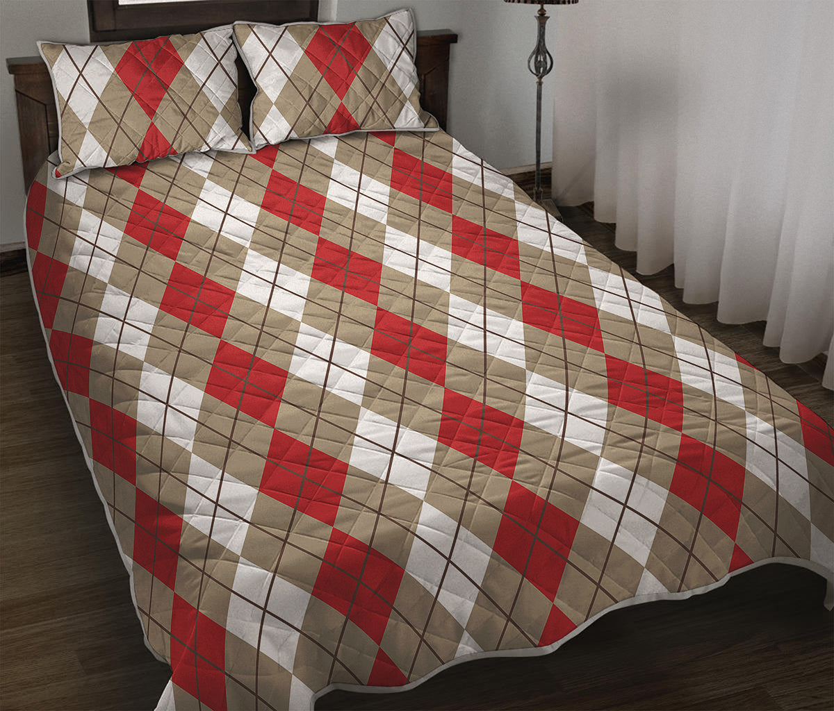 Red Beige And White Argyle Pattern Print Quilt Bed Set