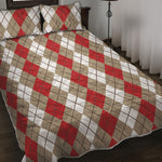 Red Beige And White Argyle Pattern Print Quilt Bed Set