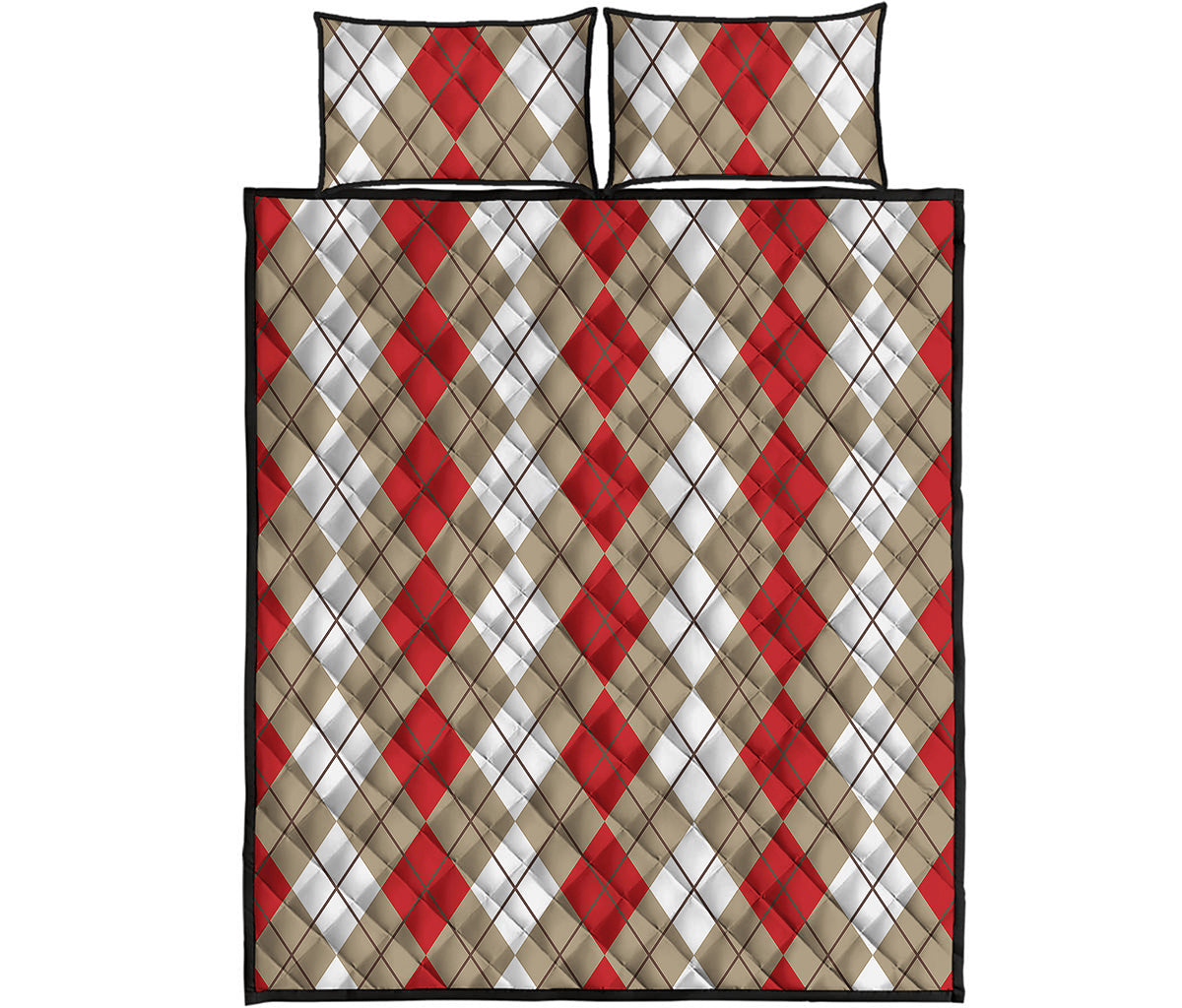 Red Beige And White Argyle Pattern Print Quilt Bed Set