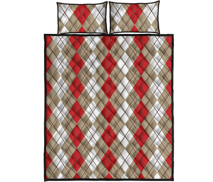 Red Beige And White Argyle Pattern Print Quilt Bed Set