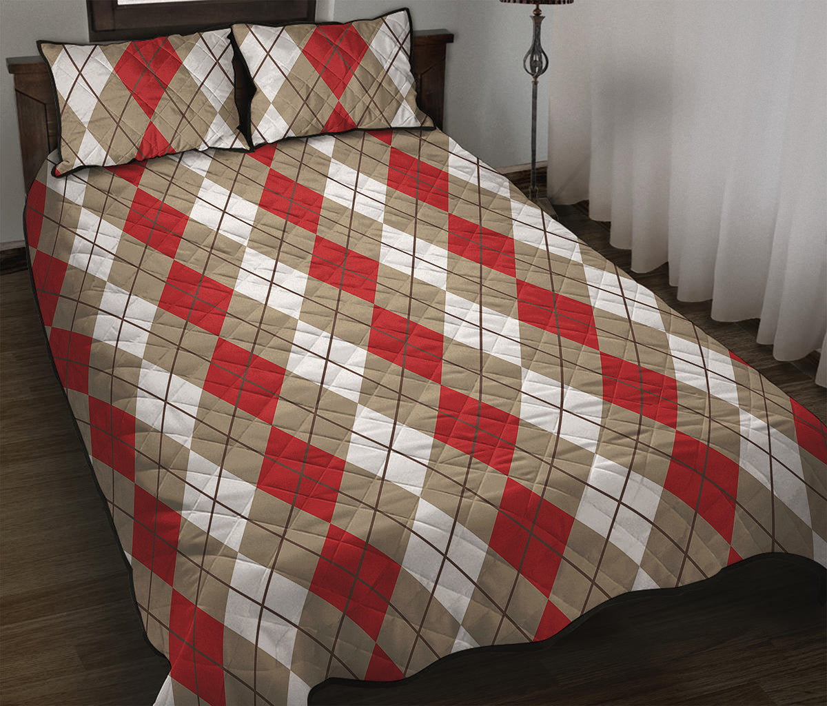 Red Beige And White Argyle Pattern Print Quilt Bed Set