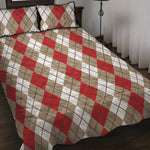 Red Beige And White Argyle Pattern Print Quilt Bed Set