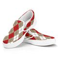 Red Beige And White Argyle Pattern Print White Slip On Sneakers