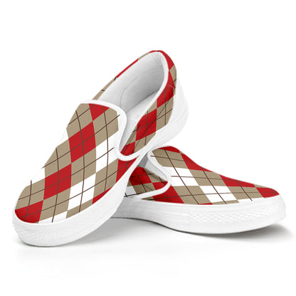 Red Beige And White Argyle Pattern Print White Slip On Shoes