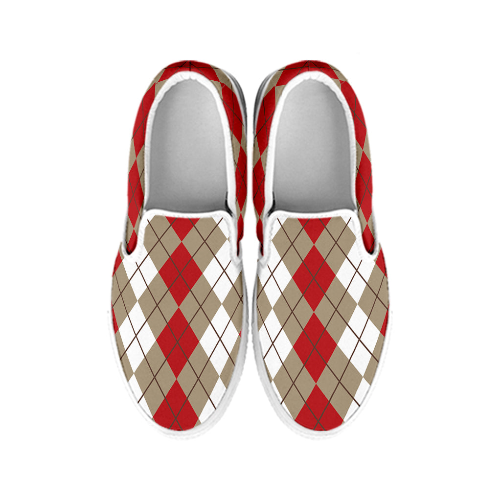 Red Beige And White Argyle Pattern Print White Slip On Shoes