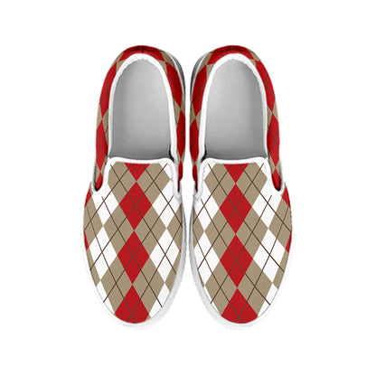 Red Beige And White Argyle Pattern Print White Slip On Shoes