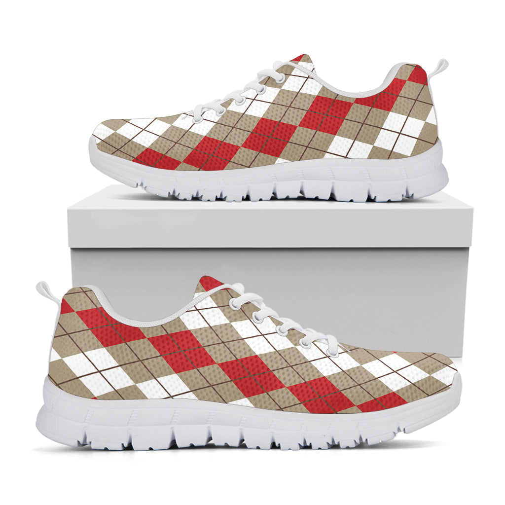 Red Beige And White Argyle Pattern Print White Sneakers