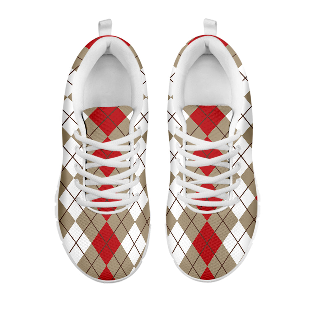 Red Beige And White Argyle Pattern Print White Sneakers