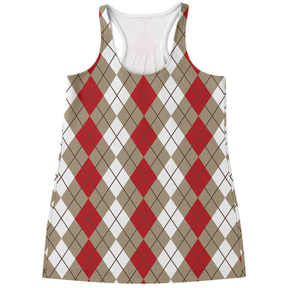 Red Beige And White Argyle Pattern Print Women's Racerback Tank Top