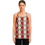 Red Beige And White Argyle Pattern Print Women's Racerback Tank Top