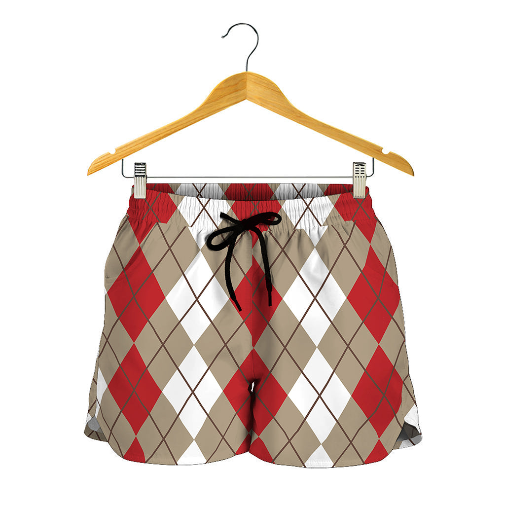 Red Beige And White Argyle Pattern Print Women's Shorts