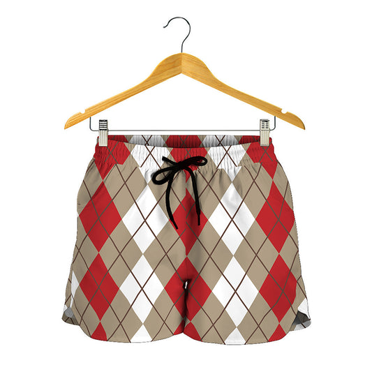 Red Beige And White Argyle Pattern Print Women's Shorts
