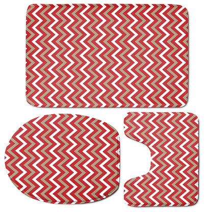 Red Beige And White Chevron Print 3 Piece Bath Mat Set