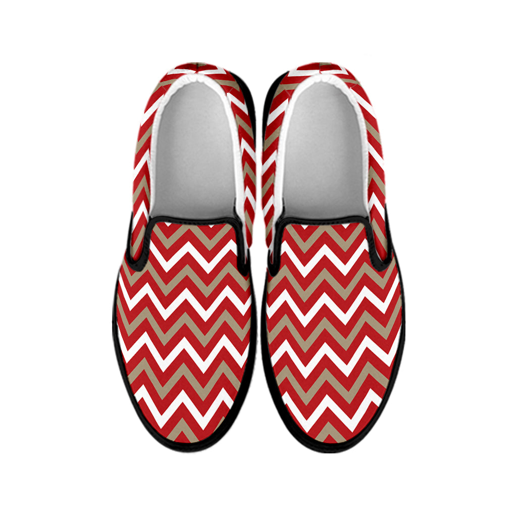 Red Beige And White Chevron Print Black Slip On Shoes