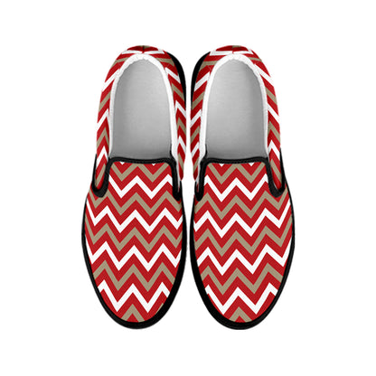 Red Beige And White Chevron Print Black Slip On Shoes