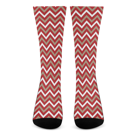 Red Beige And White Chevron Print Crew Socks