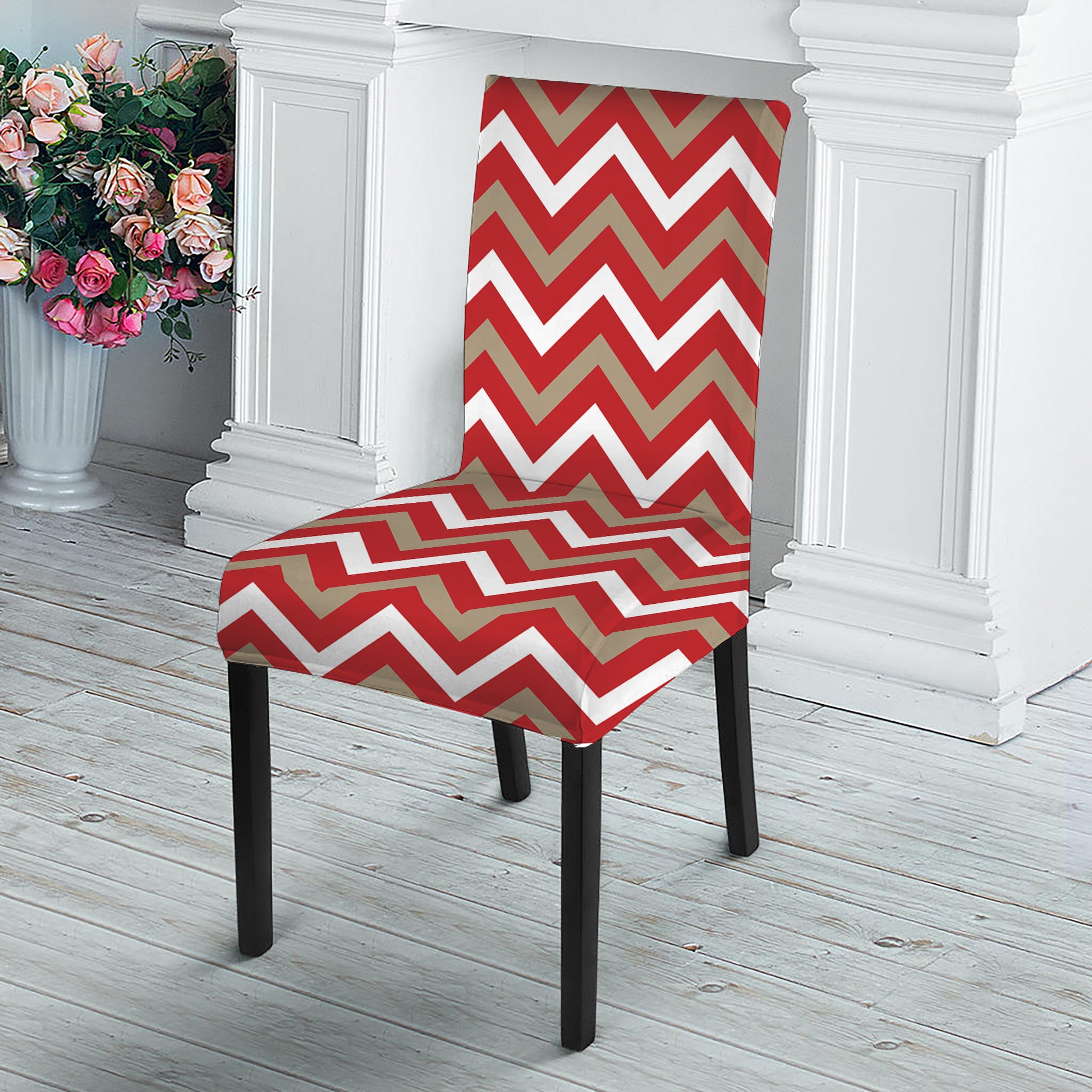 Red Beige And White Chevron Print Dining Chair Slipcover