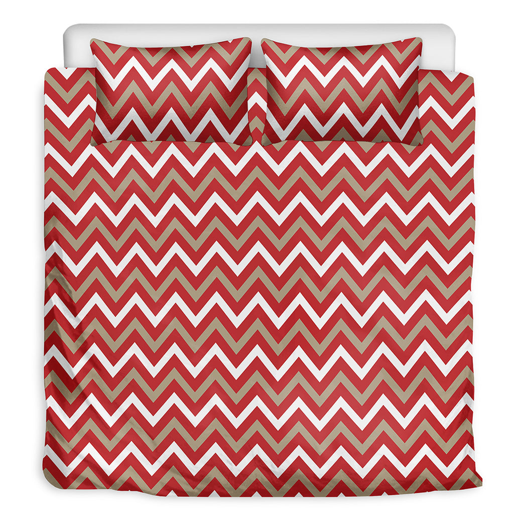 Red Beige And White Chevron Print Duvet Cover Bedding Set