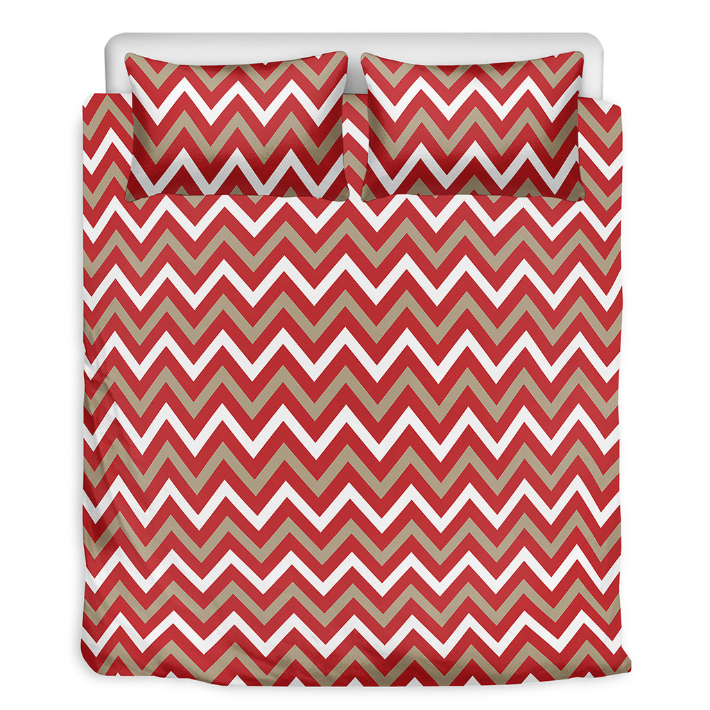 Red Beige And White Chevron Print Duvet Cover Bedding Set