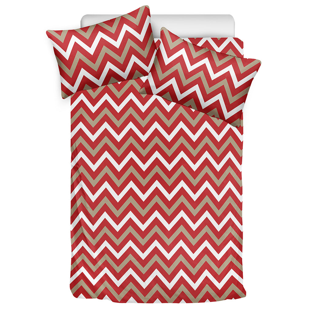 Red Beige And White Chevron Print Duvet Cover Bedding Set