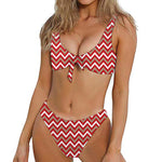 Red Beige And White Chevron Print Front Bow Tie Bikini