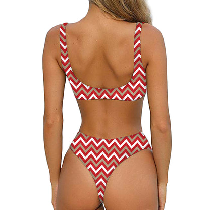 Red Beige And White Chevron Print Front Bow Tie Bikini