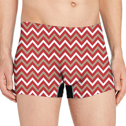 Red Beige And White Chevron Print Men's Boxer Briefs