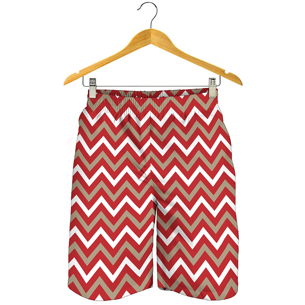 Red Beige And White Chevron Print Men's Shorts
