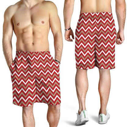 Red Beige And White Chevron Print Men's Shorts