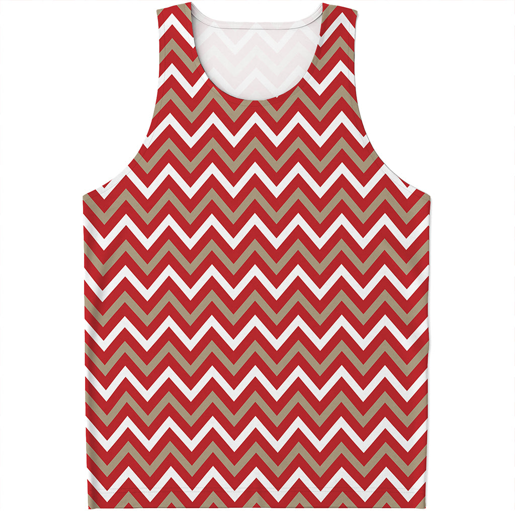 Red Beige And White Chevron Print Men's Tank Top