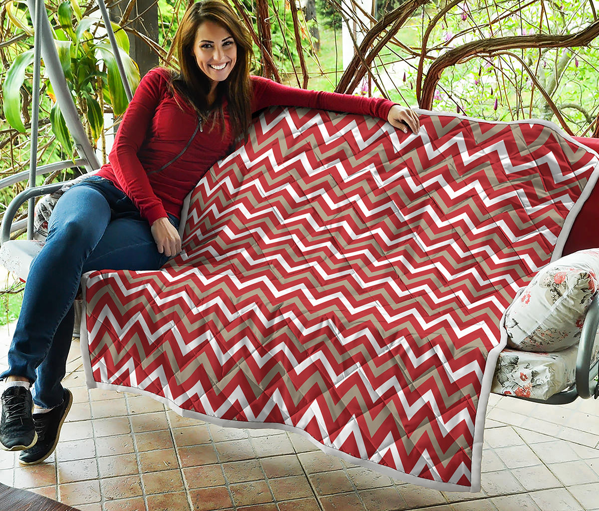 Red Beige And White Chevron Print Quilt