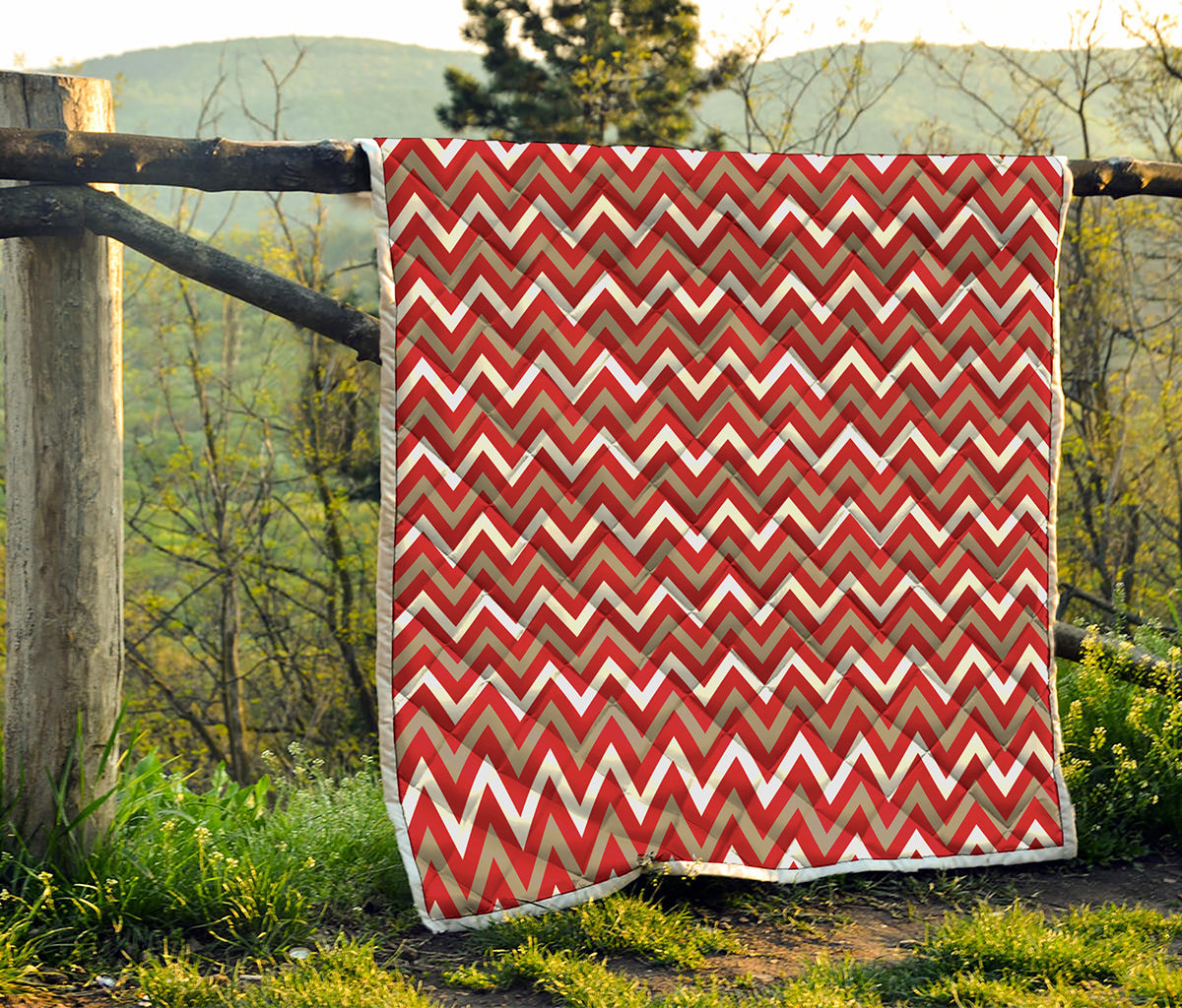 Red Beige And White Chevron Print Quilt